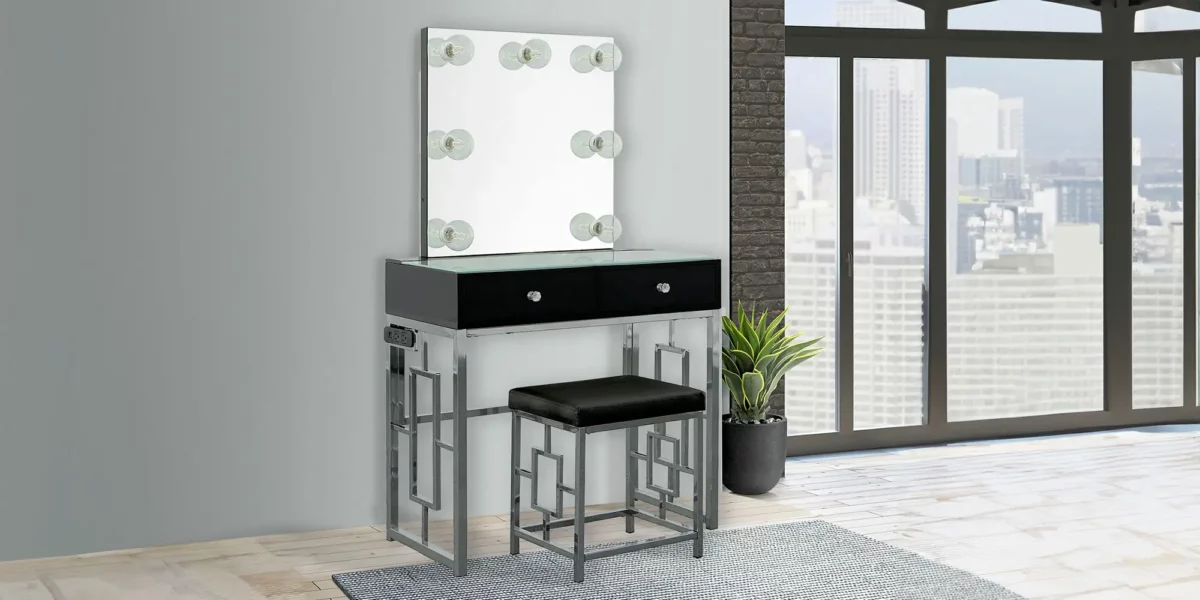 Margo Vanity Table with Power, Mirror, Stool & Light