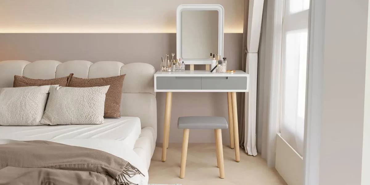 Julia Vanity With Adjustable Brightness Mirror and Cushioned Stool