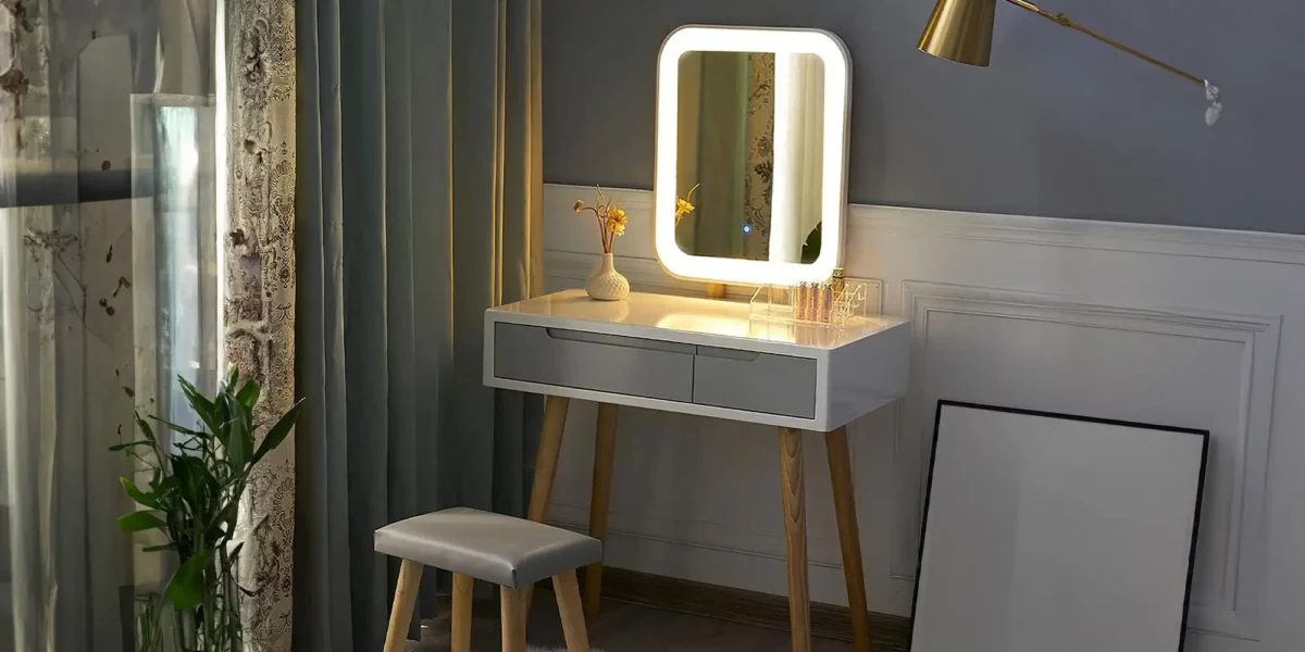 Julia Vanity With Adjustable Brightness Mirror and Cushioned Stool - Image 2