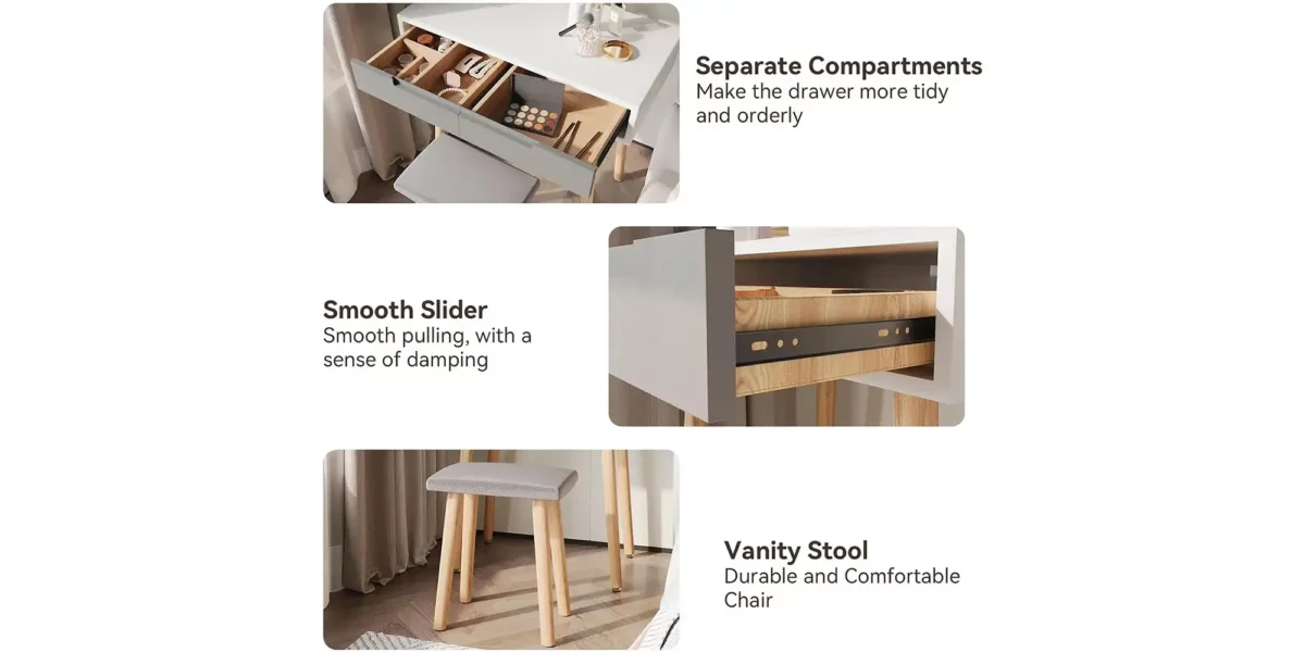 Julia Vanity With Adjustable Brightness Mirror and Cushioned Stool - Image 4