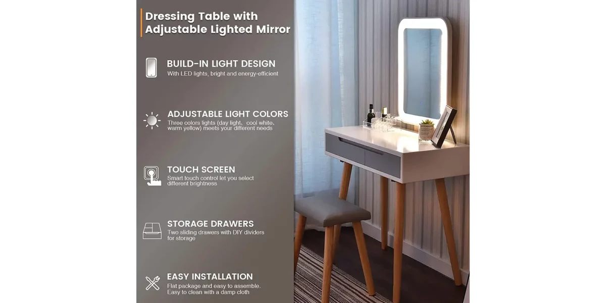 Julia Vanity With Adjustable Brightness Mirror and Cushioned Stool - Image 6