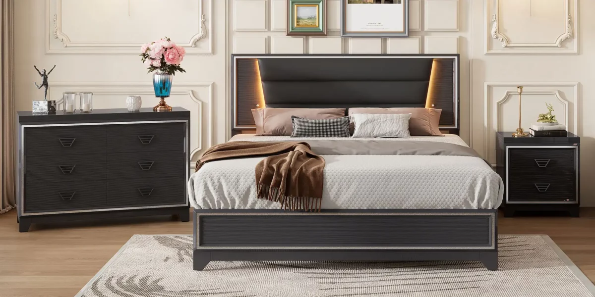 Moonstruck 3 Piece Bedroom Set With Bed with LED Lights, Nighstand, and Dresser