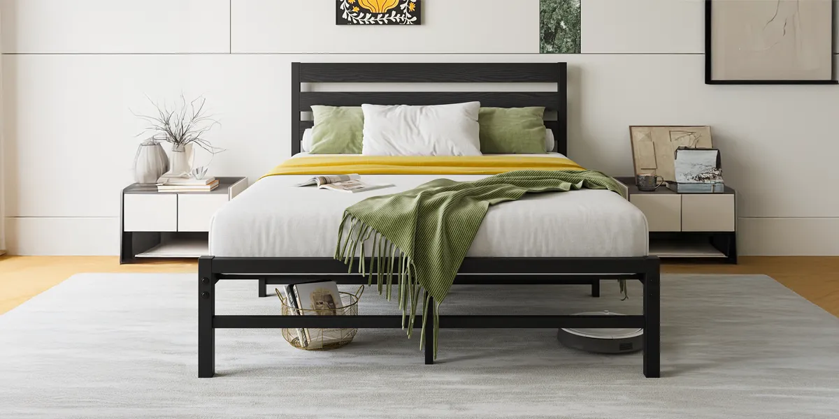 Platform Bed Frame with Rustic Vintage Wood Headboard