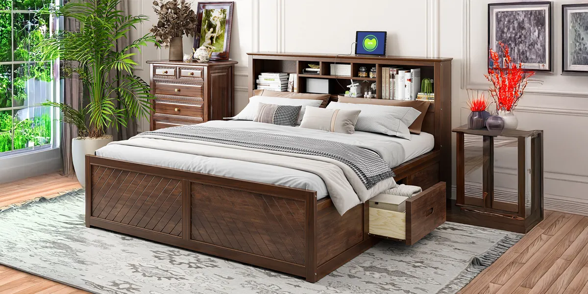 Platform Bed with Multi-storage Headboard, USB and Drawers