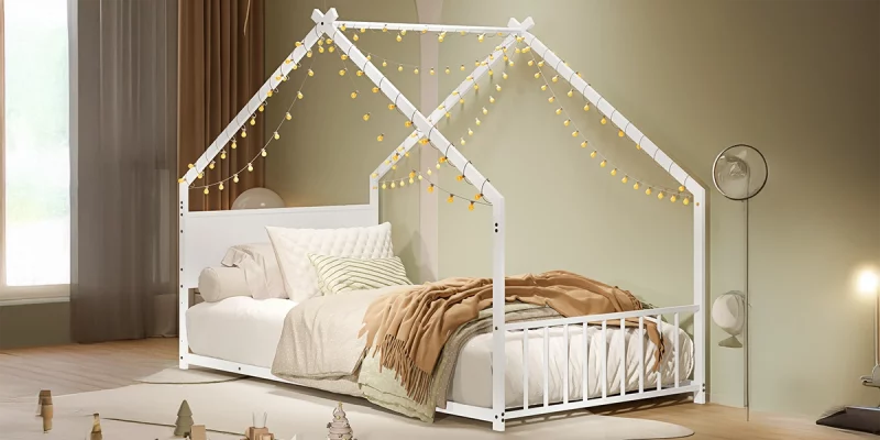 House-Bed-with-Roof-and-Colorful-Lights